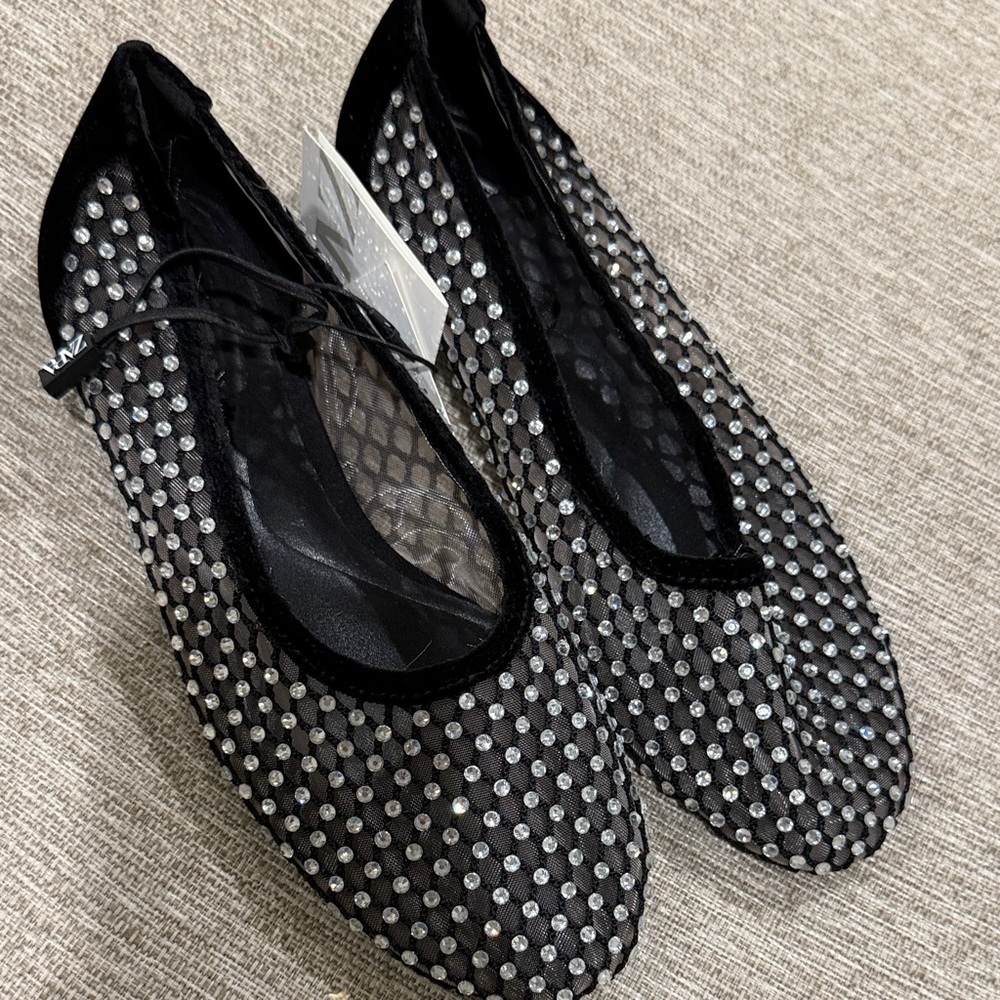 Zara black mesh rhinestone flats new